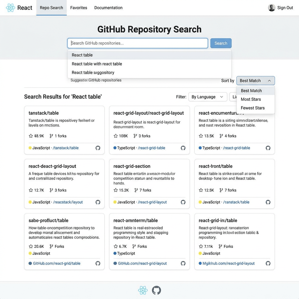 GitHub search interface displaying React table repositories with stats and sorting options
