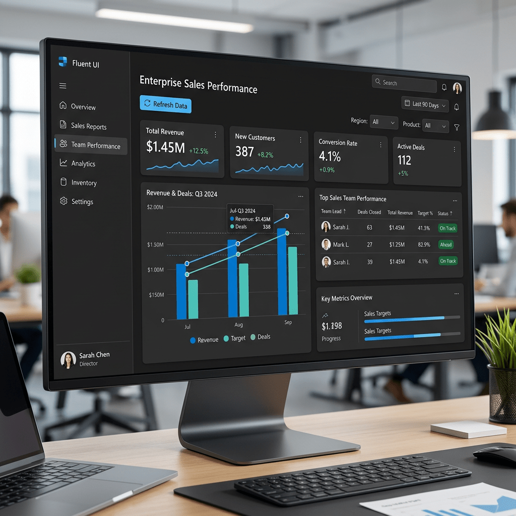 Enterprise sales performance dashboard showing total revenue, new customers, conversion rate, and active deals.