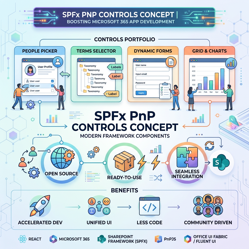 Diagram showing SPFx PnP controls portfolio with People Picker, Terms Selector, Dynamic Forms, Grid & Charts and benefits like accelerated development and community driven