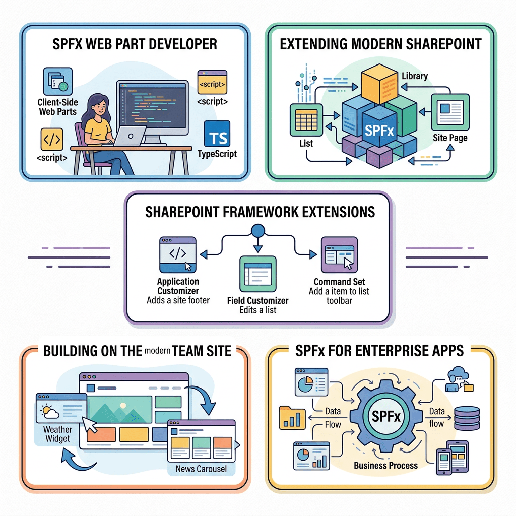 Diagram showing SPFx web part developer, modern SharePoint extensions, team site building, and enterprise app data flows