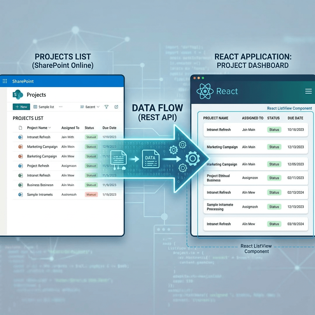 SharePoint projects list data flowing via REST API to React project dashboard interface