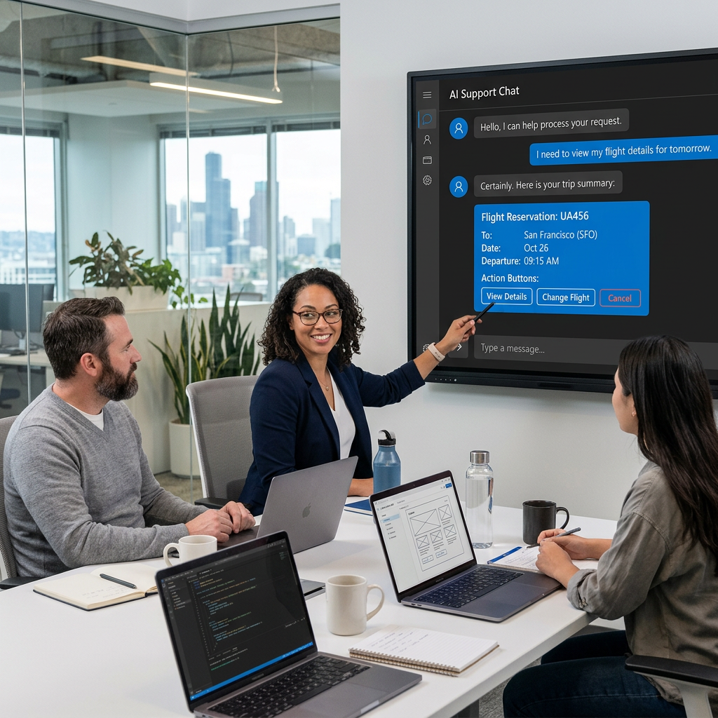 Team reviewing AI Support Chat flight reservation for San Francisco