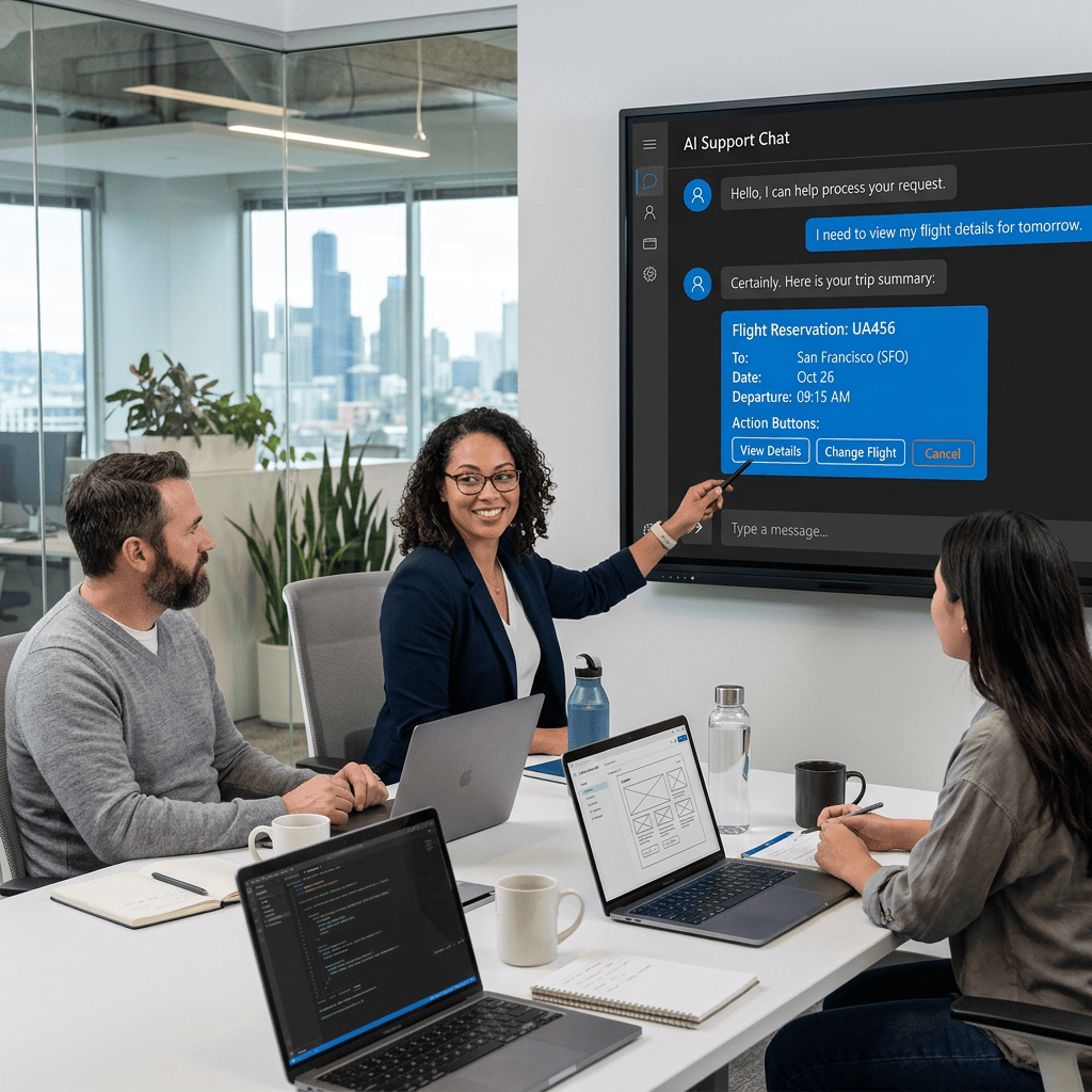 Team reviewing AI Support Chat flight reservation for San Francisco