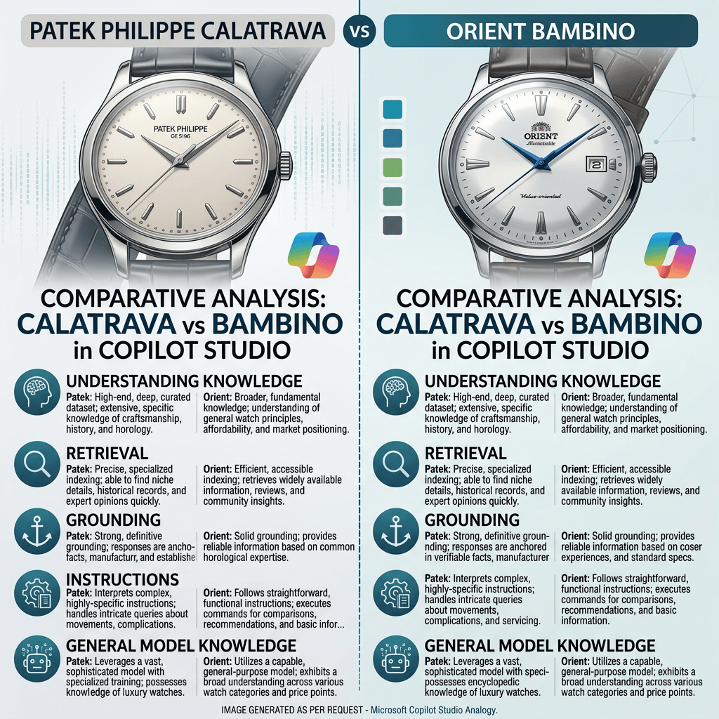 Patek Philippe Calatrava vs Orient Bambino -Understanding Knowledge, Retrieval, Grounding, Instructions, and General Model Knowledge in Microsoft Copilot&nbsp;Studio