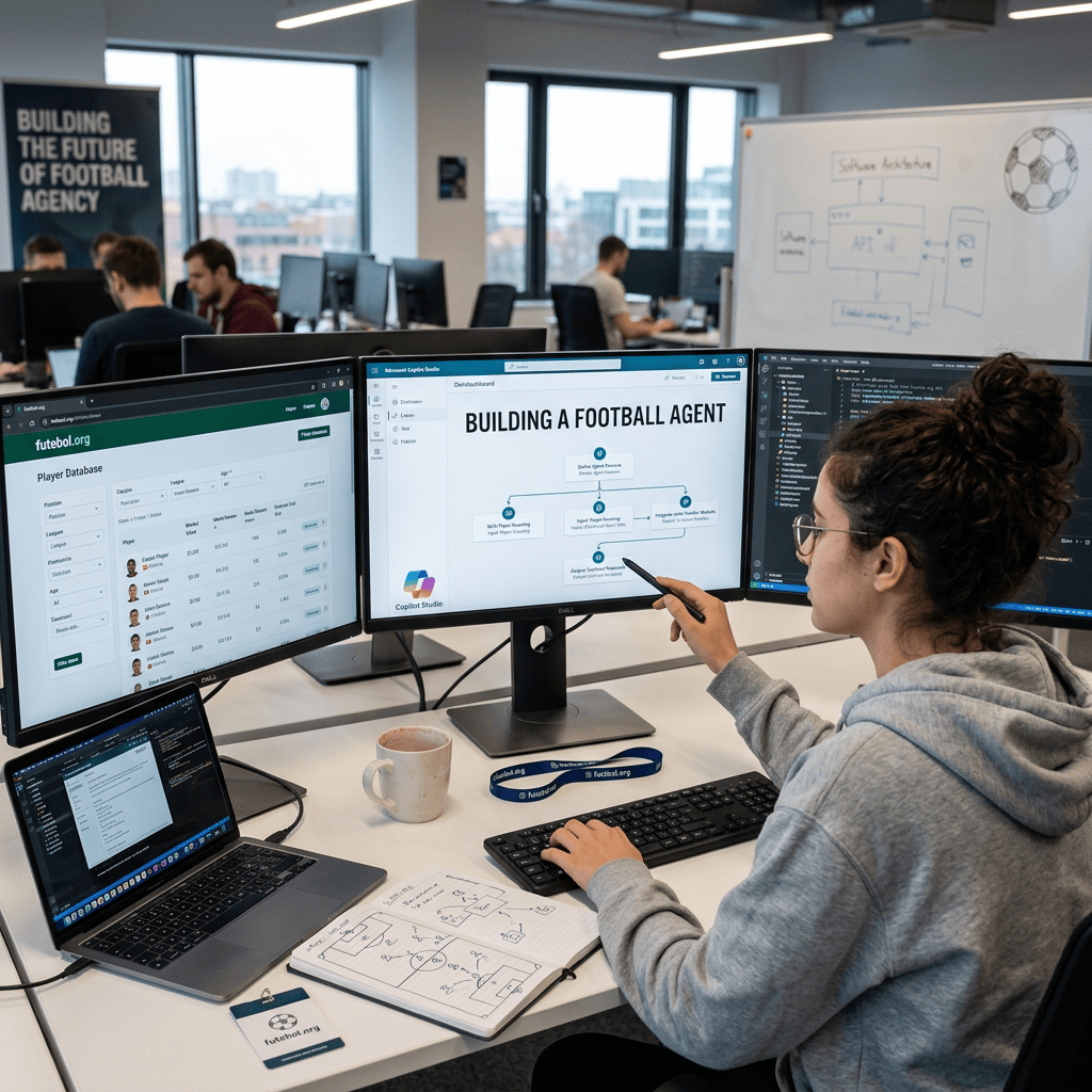 Developer working on football agency software beside screens labeled Building a Football Agent