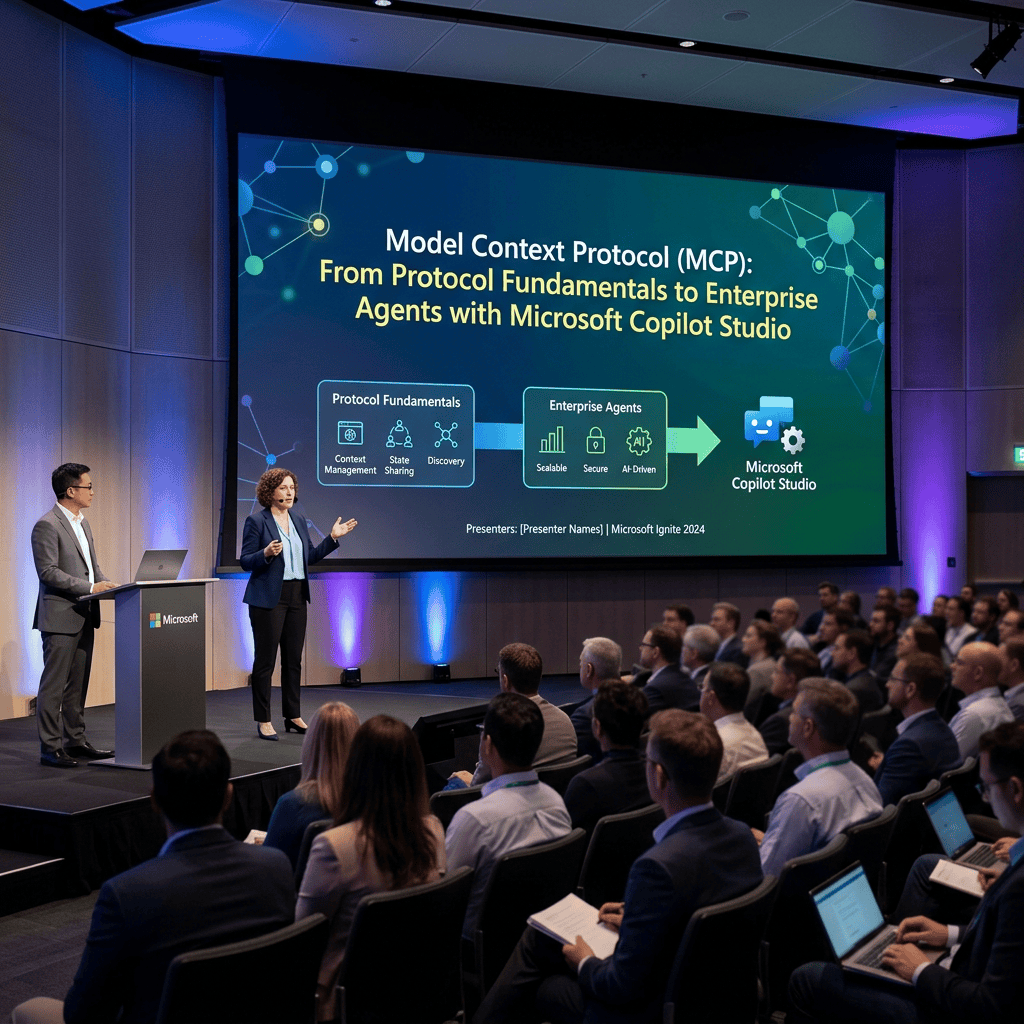 Presenters discussing Model Context Protocol and enterprise agents at Microsoft Ignite 2024