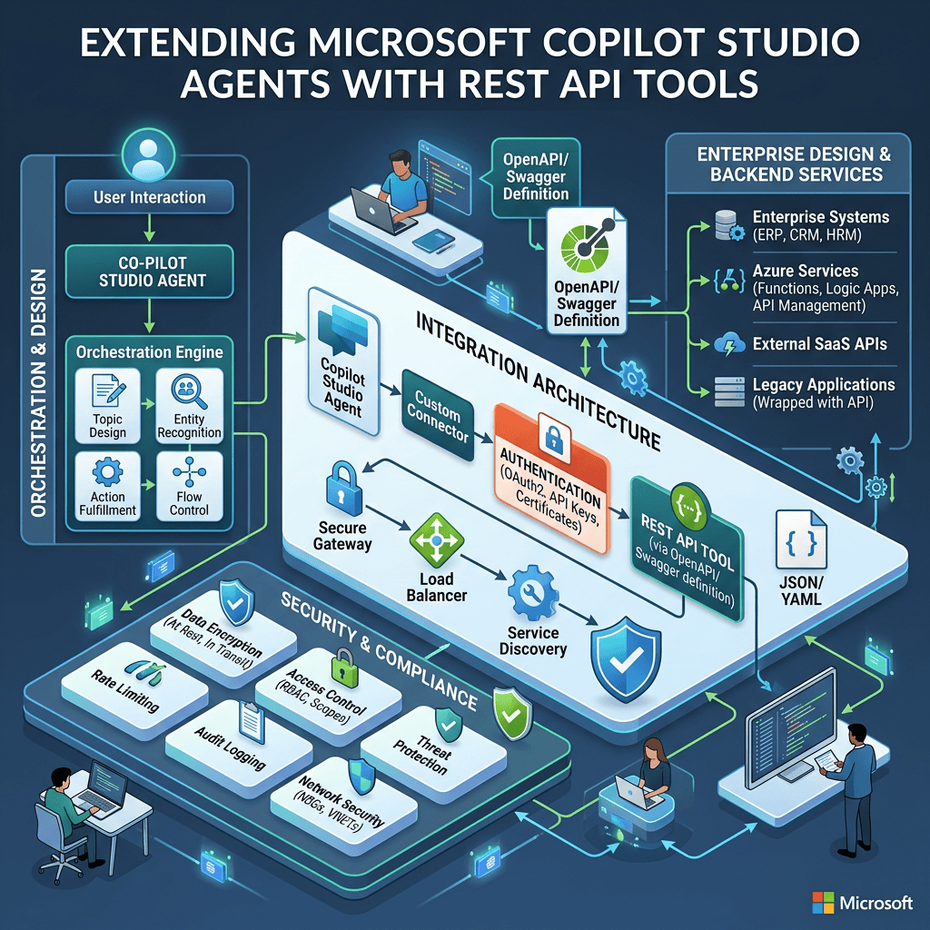 Diagram titled Extending Microsoft Copilot Studio Agents With REST API Tools, showing orchestration, OpenAPI integration, enterprise services, and security controls.