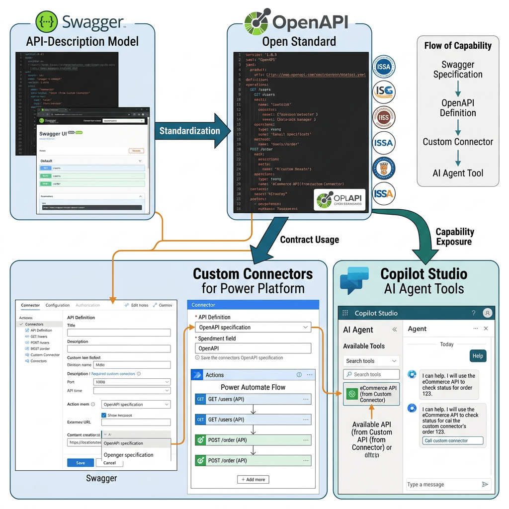 Diagram showing Swagger specifications standardized into OpenAPI connectors and Copilot Studio tools